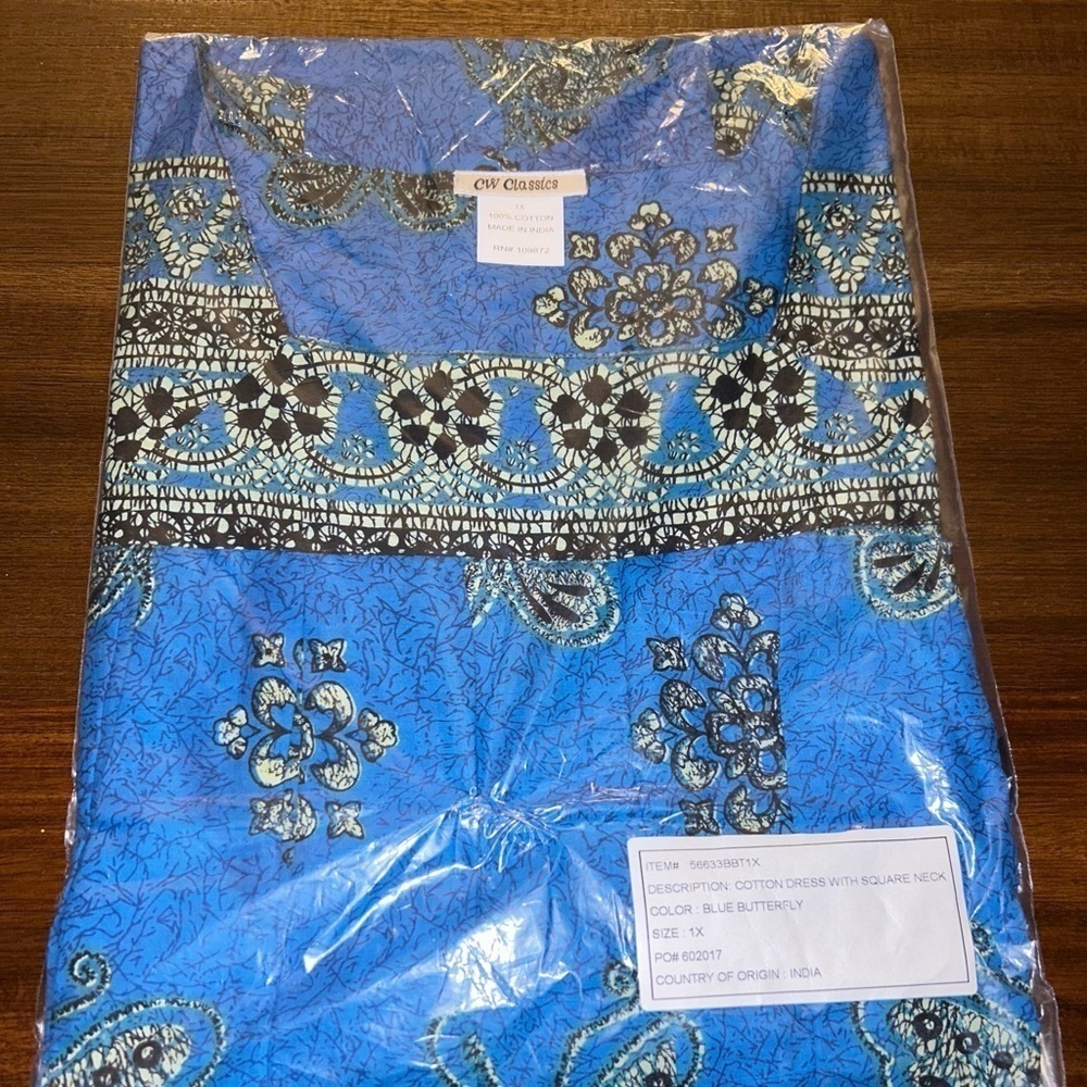 CW Classics 100% Cotton‎ Dress Square Neck - Blue Butterfly Size 1X Lightweight